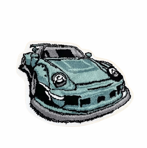 Ein türkisfarbener, gemalter Sportwagen mit dunklen Details ist auf einem weißen Teppich abgebildet, der auf einem hellen Holzboden mit Fischgrätmuster liegt. Das minimalistische Bild wirkt ruhig und stilisiert.